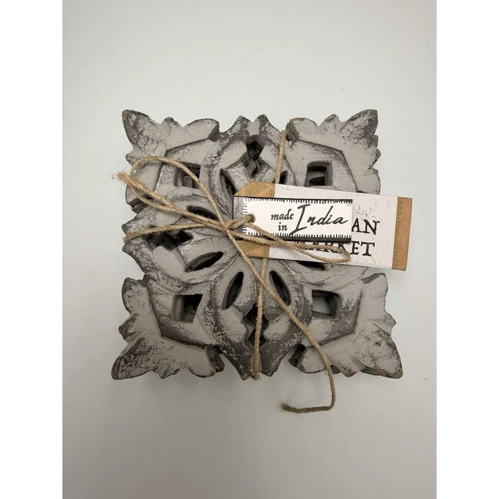 Artisan Market Hand Carved Wood Coasters Gray Distressed Set of 4 Farmhouse 4x4